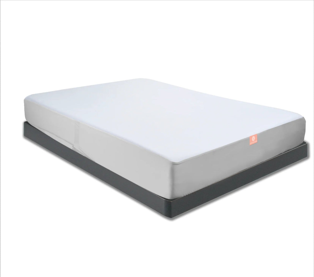 Mattress protector and zippered encasement shown side by side on a bed for comparison